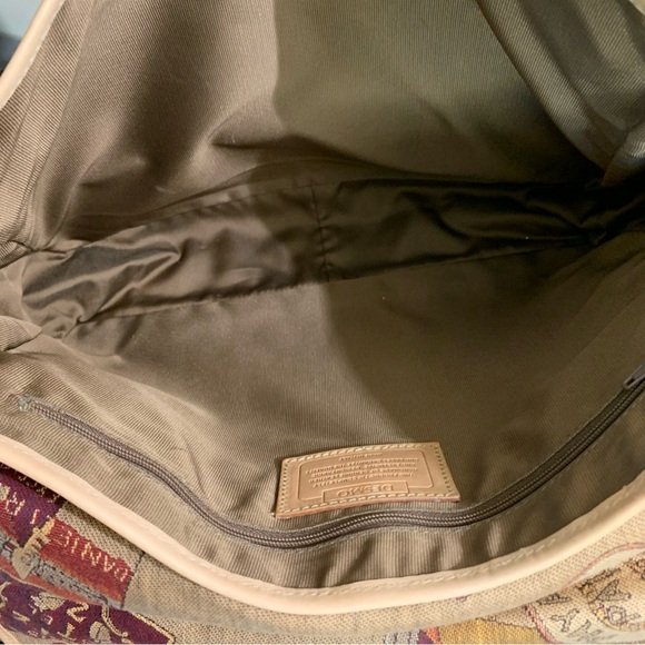 Vintage DESMO Beige JACQUARD LEATHER Travel Icons MESSENGER Tapestry PURSE BAG - Picture 5 of 6